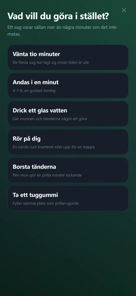 Sugflödet listar sex alternativ: vänta tio minuter, andas i en minut, drick ett glas vatten, rör på dig, borsta tänderna och ta ett tuggummi.