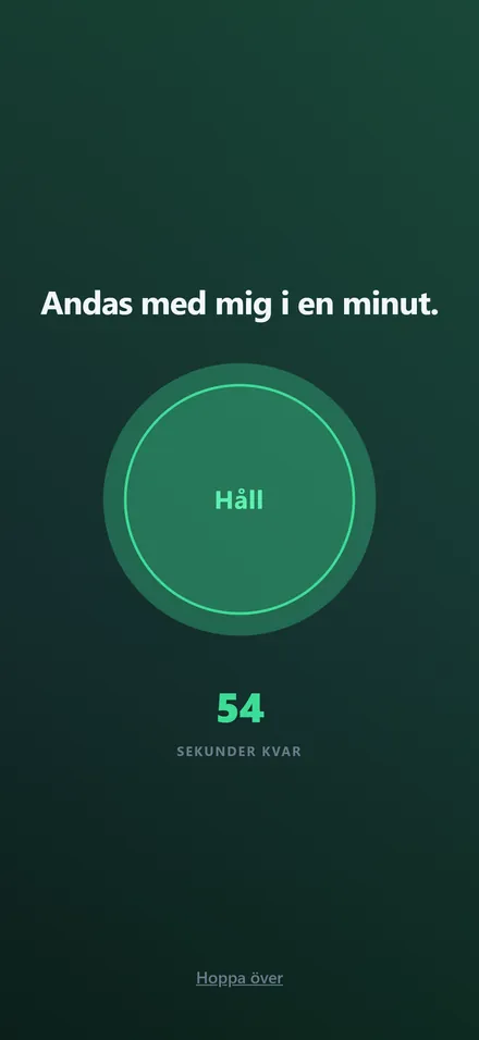 Andningsövningen visar en cirkel med ordet Håll och 54 sekunder kvar.