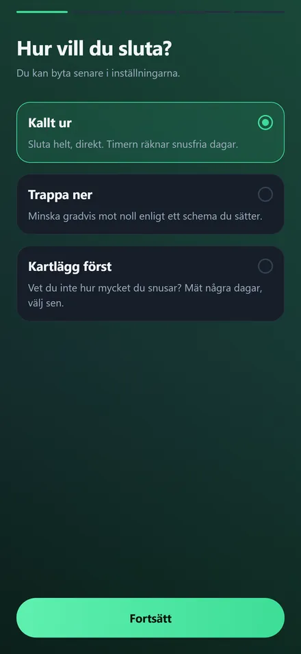 Metodvalsskärmen med alternativen Kallt ur, Trappa ner och Kartlägg först.