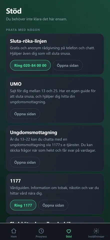Stödskärmen med Sluta-röka-linjen, UMO, ungdomsmottagningen och 1177.