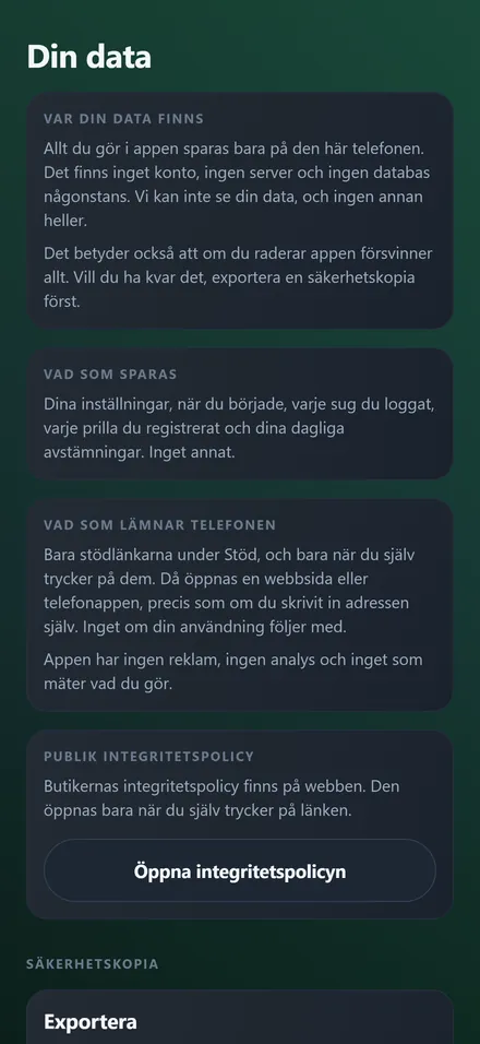 Skärmen Din data förklarar var data finns, vad som sparas och vad som lämnar telefonen.